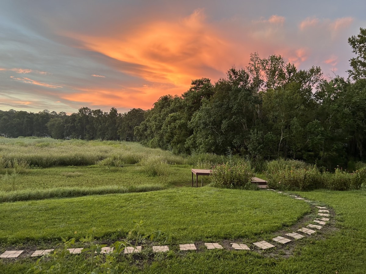 The Marshlands: A vivid sunset stretches across the marsh and garden path